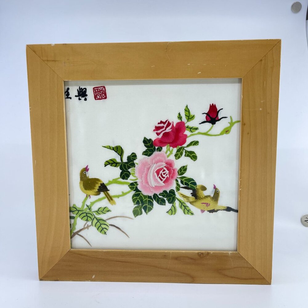 vintage framed chinese hand embroidered art with birds & roses on white silk